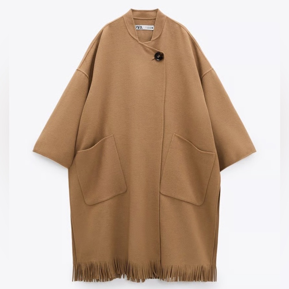 NWT ZARA CAMEL WOOL RUNWAY MUST HAVE STYLE CAPE FRINGE BLOGGER FAVORITE COAT
